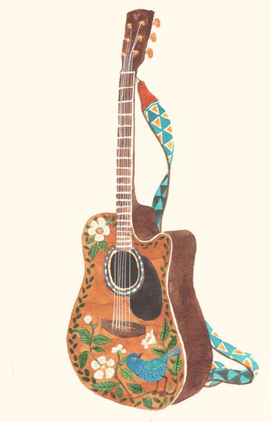 a drawing of an acoustic guitar decorated with flowers