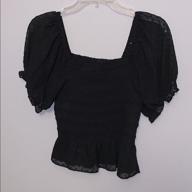 Flattering Black Sheer With Polka Dots And Scrunched Mid Section - Stunning! Brand New With Tags. Bought For Vacation That Was Canceled. Spring Black Top With Smocked Bodice, Black Smocked Back Stretch Top, Chic Black Smocked Top With Ruched Detail, Black Smocked Top With Ruffles For Day Out, Black Top With Smocked Bodice For Spring, Chic Black Smocked Ruched Top, Summer Black Blouse With Smocked Back, Chic Black Ruched Smocked Top, Elegant Black Smocked Top