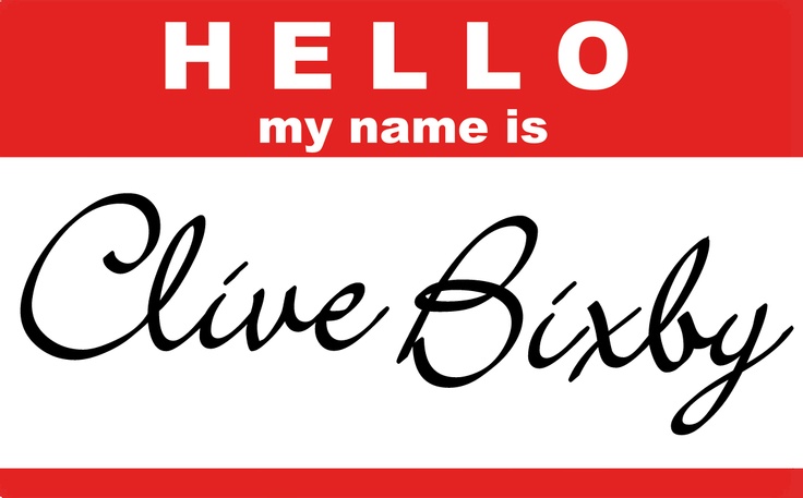 hello name is clive bixby on a red and white sign with the words hello my name is clive bixby