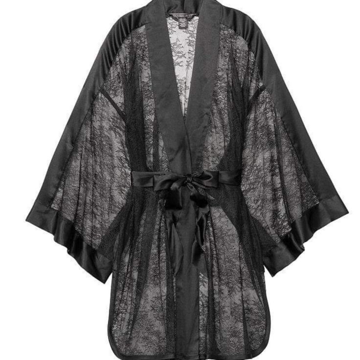 Victoria Secret Lace Kimono Robe Xs/S New With Tags Vs Pjs, Black Satin Robe, Terry Cloth Robe, Flannel Robe, Black Patent Leather Shoes, My Property, Lingerie Catalog, Pink Lace Bra, Belted Robe