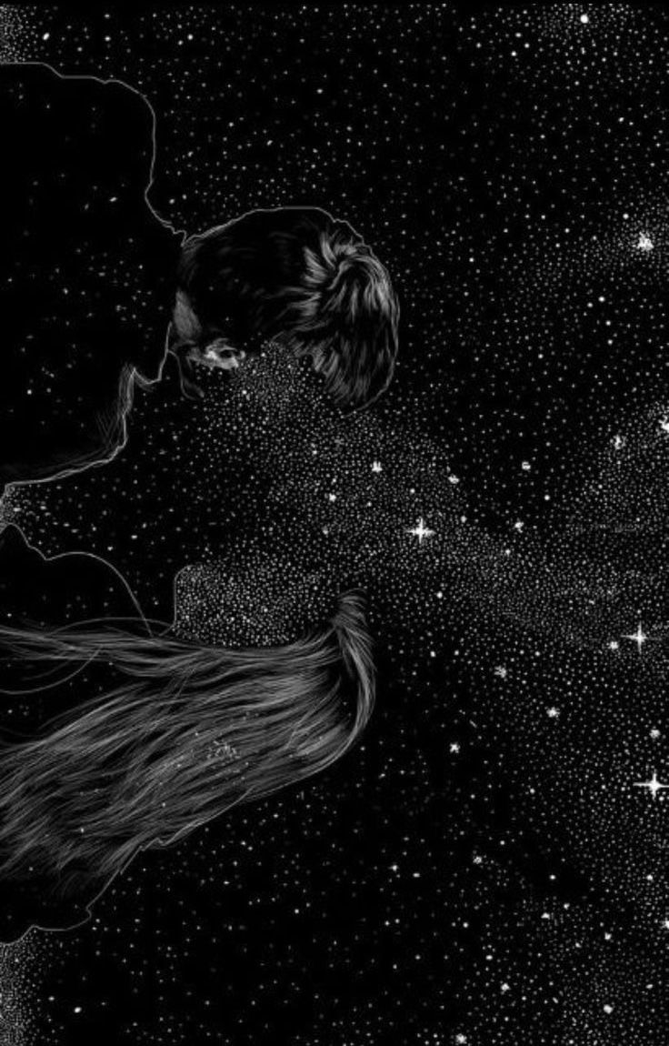 a black and white drawing of two people in the night sky with stars on them