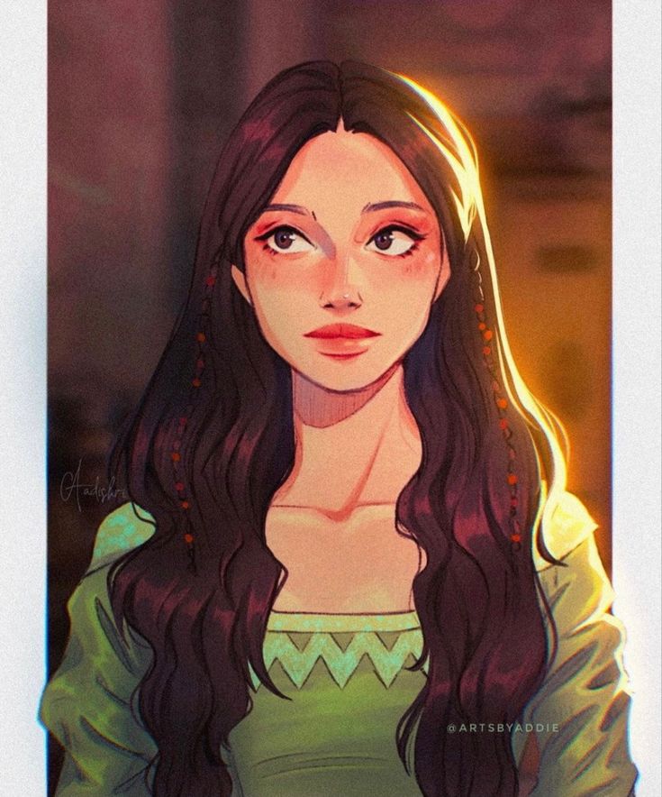 a drawing of a woman with long dark hair and green shirt, looking at the camera