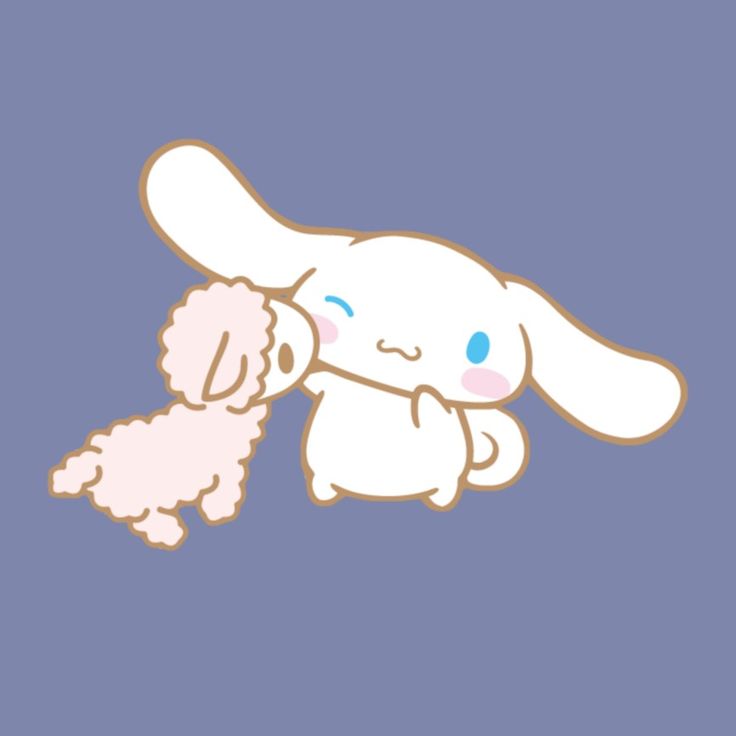 a cute little white bunny holding onto a pink poodle on a purple background with blue sky in the background