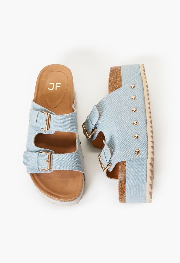 Material: Denim Padded insole with arch support Heel Height: 2.0" Platform Height: 2.0" Measurements will vary slightly Closure: Slip On Imported Purse Trends, Fashion Shoes Sandals, Chic Heels, Perfect Denim, Platform Slides, Cute Sandals, Shoe Obsession, Shoe Dazzle, Work Attire