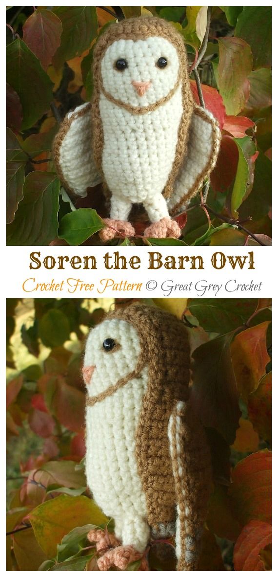 an owl is hanging from a tree branch with leaves around it and the words free crochet pattern below