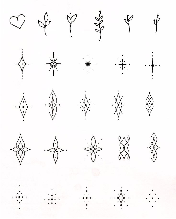 a bunch of different types of tattoos on a white background with black dots and lines