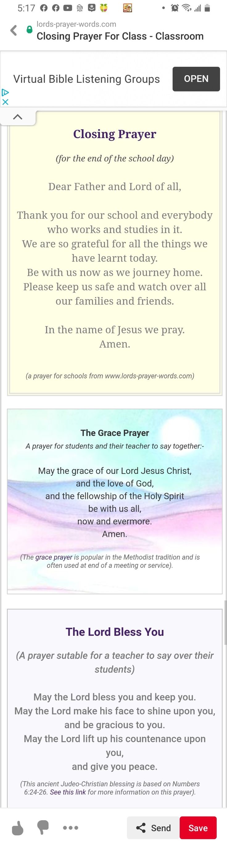 a screenshot of an email page with the words, closing prayer and other items