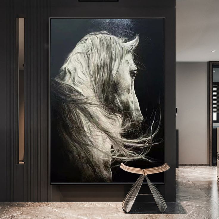 a painting of a white horse on a black background in a room with a bench