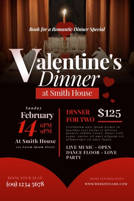 valentine's dinner at smith house flyer with red and black decor on the table