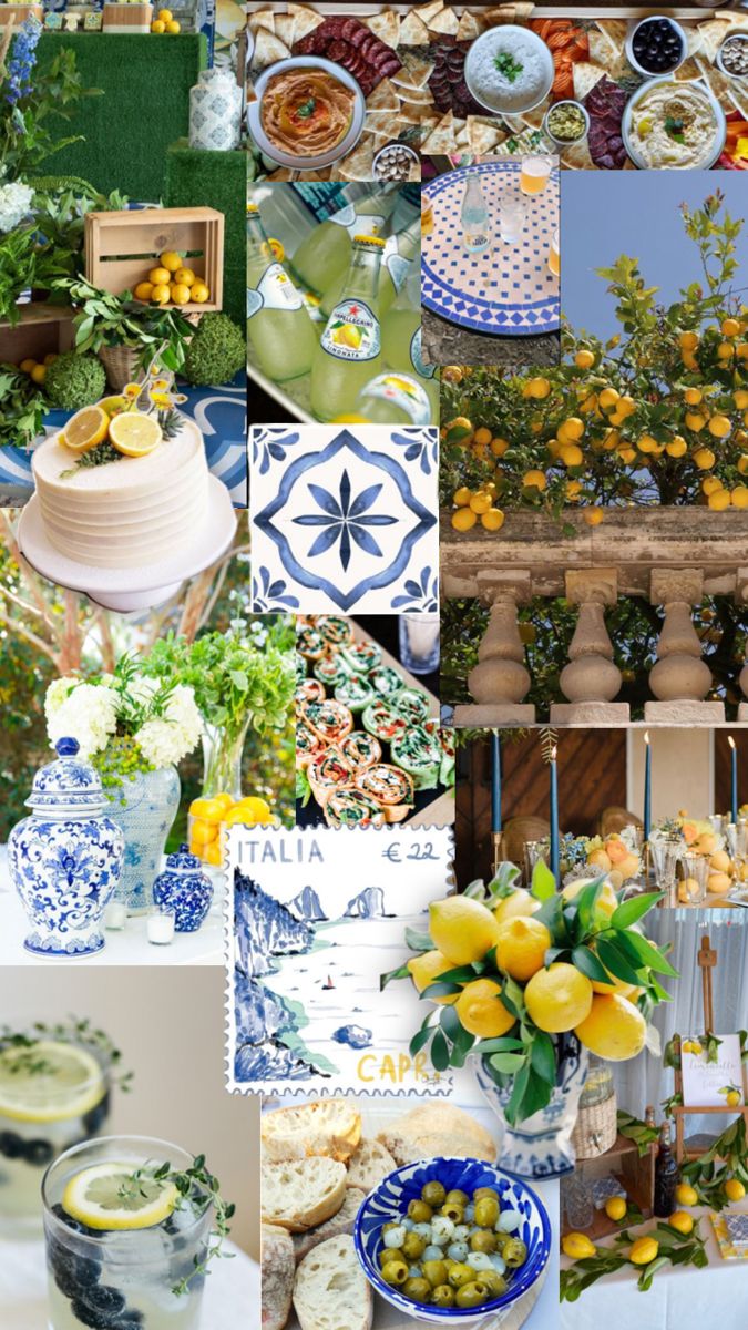 a collage of photos with lemons, flowers and plates on display in them