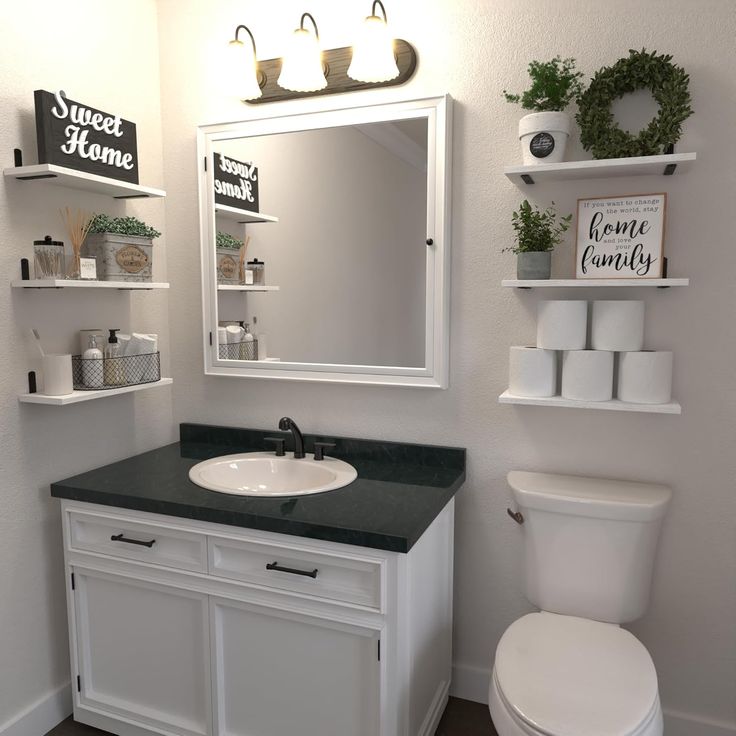 a white toilet sitting next to a bathroom sink under a mirror and shelf above it