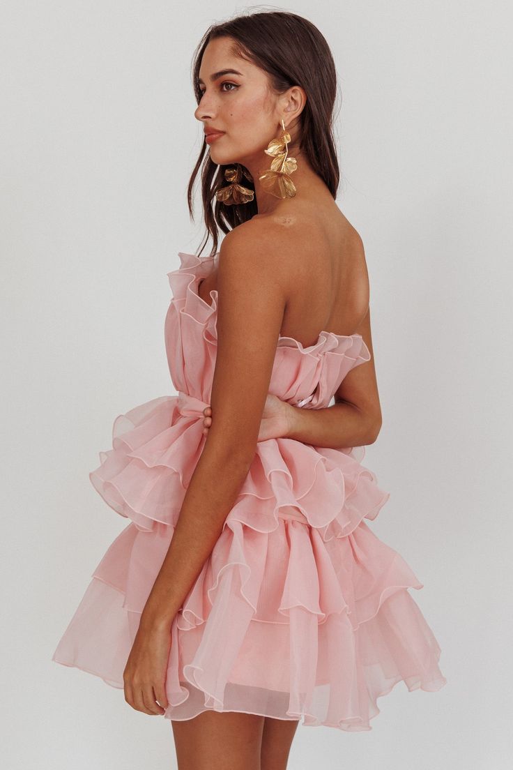 Bon Bon Tiered Chiffon Mini Dress Blush by Selfie Leslie Girly Closet, Pink Bow Dress, Pink Dress Shoes, Pink Ruffle Dress, Tulle Mini Dress, Selfie Leslie, Brunch Dress, Chiffon Mini Dress, Wedding Team