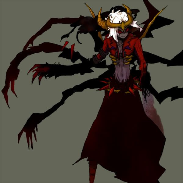 a demonic demon with horns and blood on his body, standing in front of an evil tree