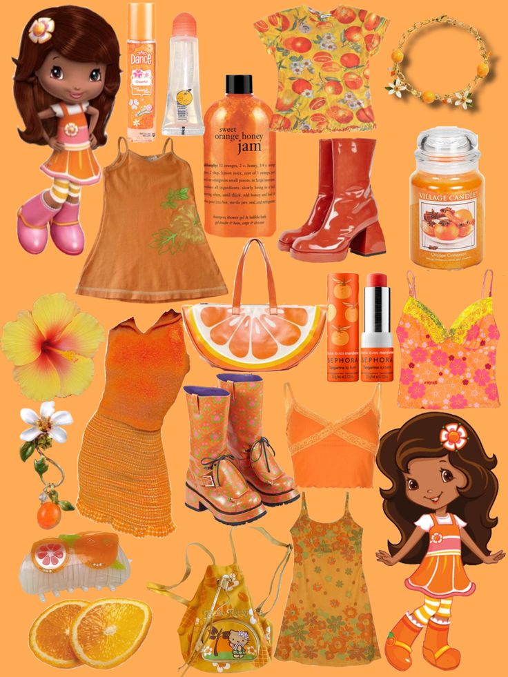 a collage of oranges, clothing and other items on an orange background with flowers