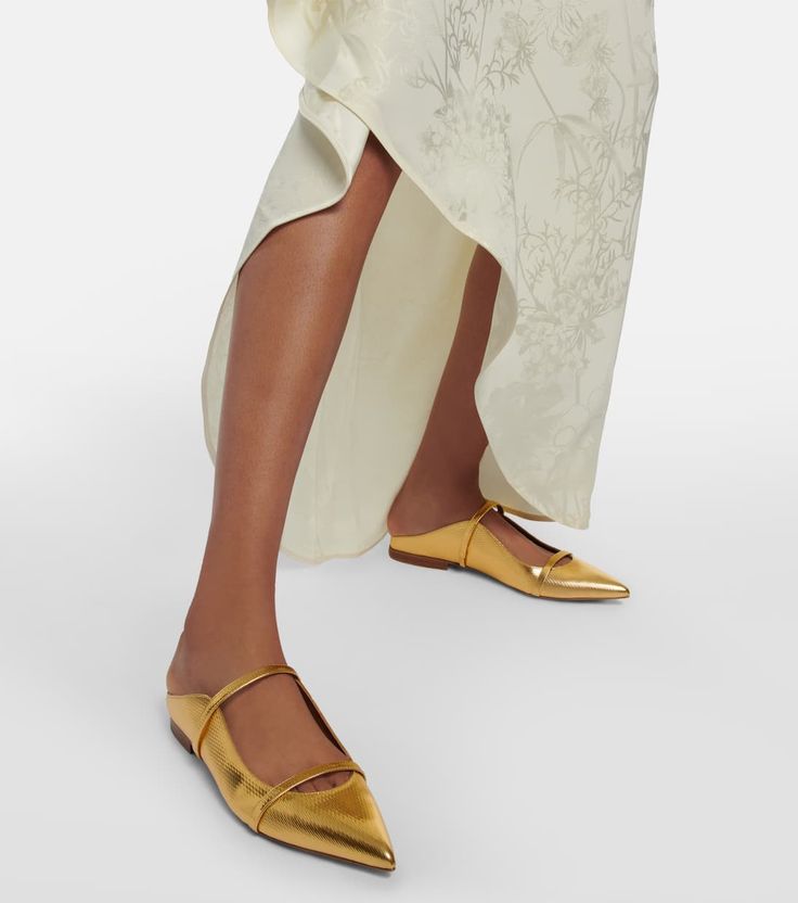 Maureen Leather Slippers in Gold - Malone Souliers | Mytheresa Formal Calf Leather Slip-ons For Spring, Elegant Almond Toe Slippers For Spring, Elegant Pointed Toe Slippers For Spring, Elegant Slip-ons For Spring Galas, Elegant Slip-on Slippers With Leather Sole, Elegant Gold Flat Mules, Elegant Slip-ons With Leather Footbed And Pointed Toe, Summer Formal Slip-on Pointed Toe Flats, Elegant Calf Leather Closed Toe Slip-ons