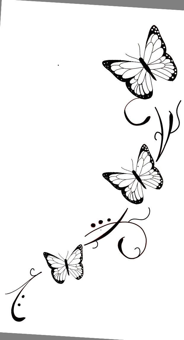 three butterflies flying in the air with swirls and scrolls on it's wings