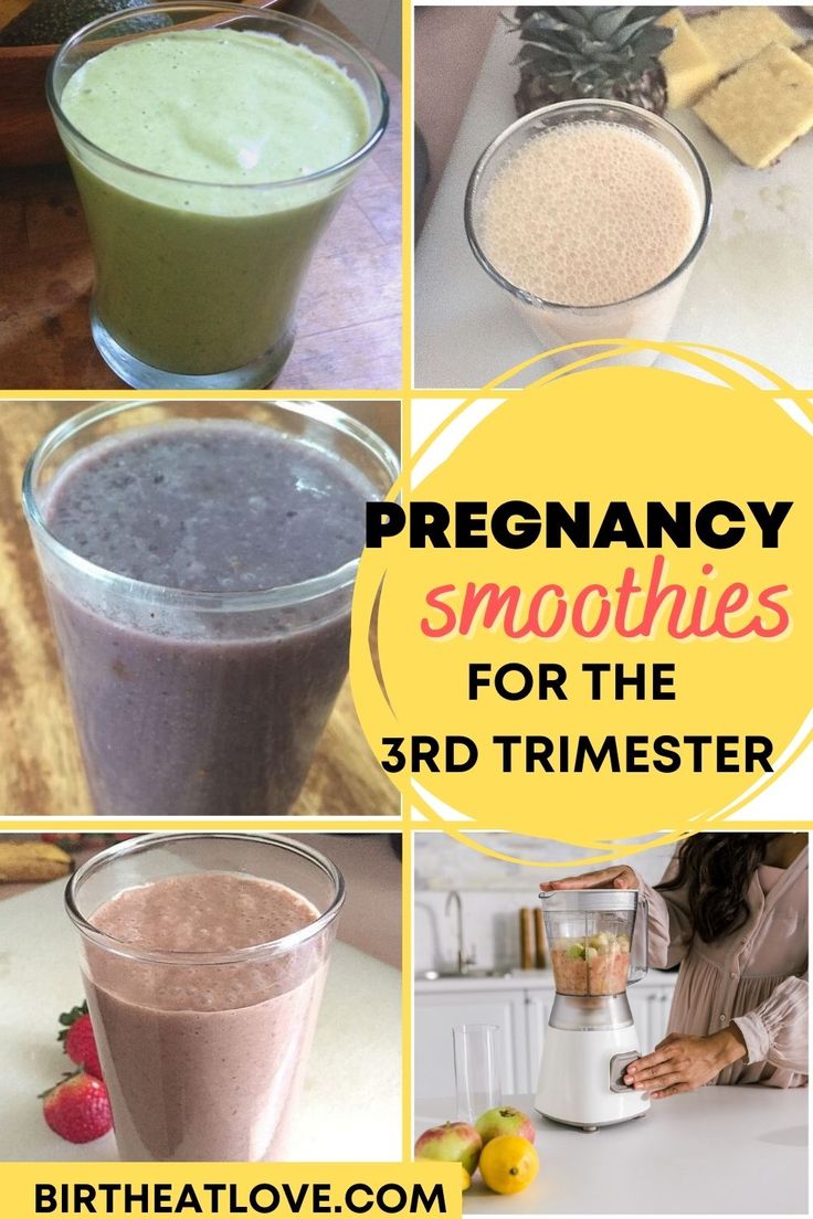 four different smoothies are shown with the words, pregancy smoothies for the 3rd trimester