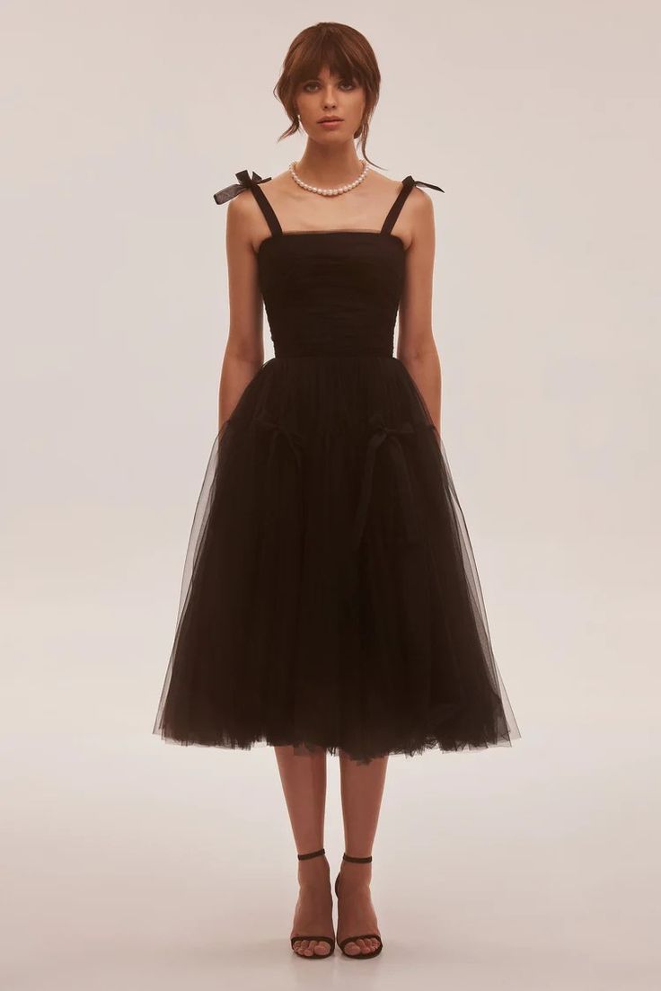 Adorable midi tie-strap black tulle dress �➤➤ Milla Dresses - USA, Worldwide delivery Puffy Black Prom Dress, Prom Dresses Sweetheart Neckline, Tulle Dresses With Bow, Summer Evening Dress With Tulle Skirt, Chic Tulle Dress With Spaghetti Straps, Black Dress With Bow In The Back, Summer Evening Dress With Tulle Skirt For Gala, Summer Gala Evening Dress With Tulle Skirt, Party Midi Dress With Bow Straps