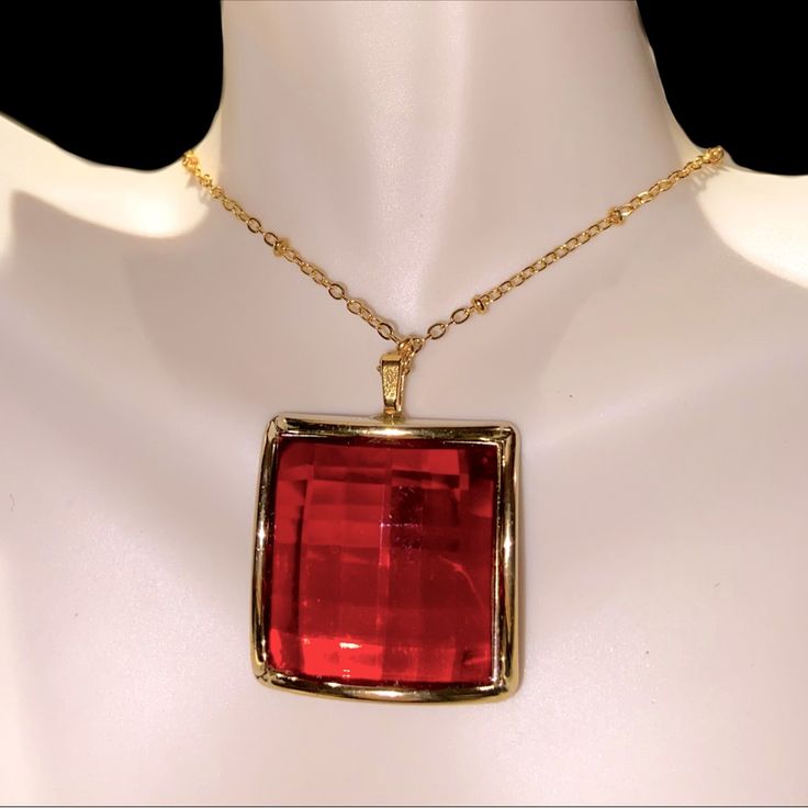 Hand-Crafted Gorgeous “Ruby Red Gem” Pendant Necklace. Perfect For Any Ensemble! Elegant Red Necklace With Square Pendant, Elegant Red Square Pendant Necklace, Red Jewelry With Large Pendant For Gift, Red Large Pendant Jewelry For Gift, Elegant Red Necklace With Large Pendant, Red Costume Jewelry Necklace For Gift, Red Necklace With Large Pendant For Gifting, Red Pendant Necklace In Costume Jewelry Style, Red Pendant Necklace Costume Jewelry