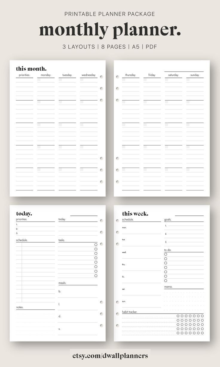 the printable planner page is shown in four different sizes, including one for each month