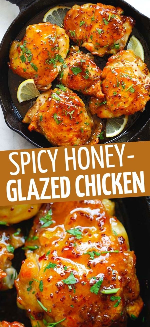 spicy honey glazed chicken in a cast iron skillet