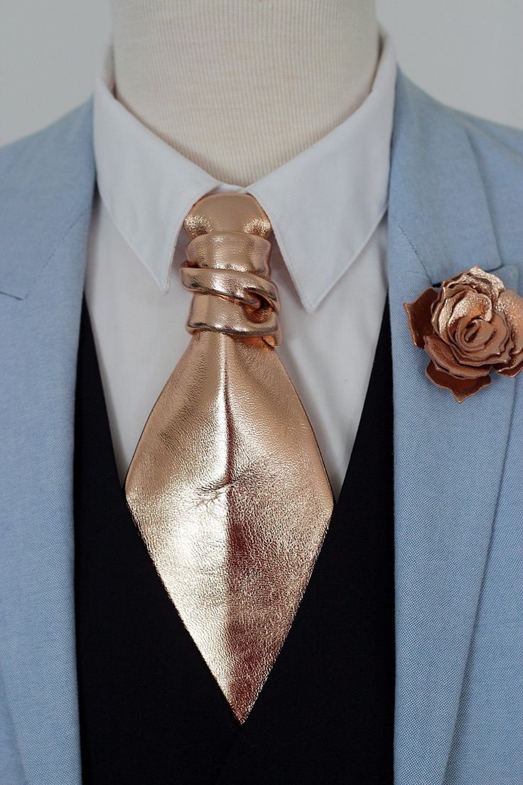 (1) Gold rose gold leather ascot necktie Rose Gold Tuxedo, Flower Combinations, Gold Tuxedo, Shirt Collars, Leather Bow Tie, Gala Outfit, Flower Lapel Pin, Lapel Flower, Gold Tie