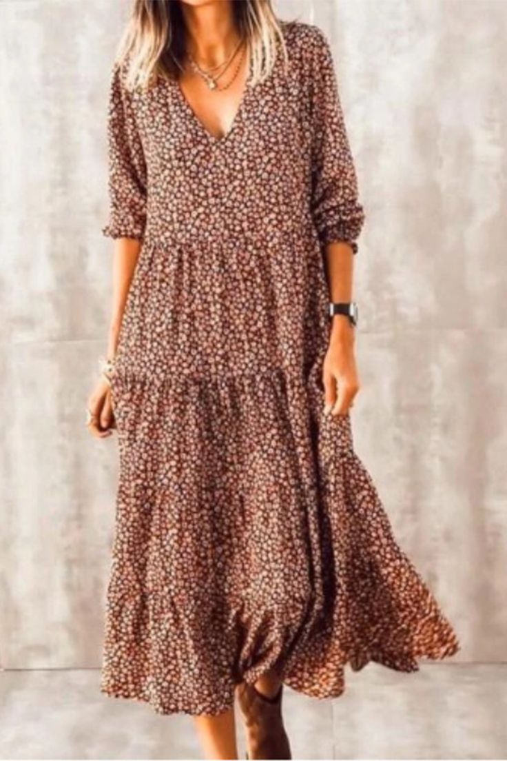 Brown Long Sleeve Printed Maxi Dress, Printed Long Sleeve Brown Maxi Dress, Brown Printed Long Sleeve Maxi Dress, Floral Print Shift Maxi Dress With Long Sleeves, Silhouette Cake, Cake Skirt, Mode Boho, Linen Casual, Dress Stores Online