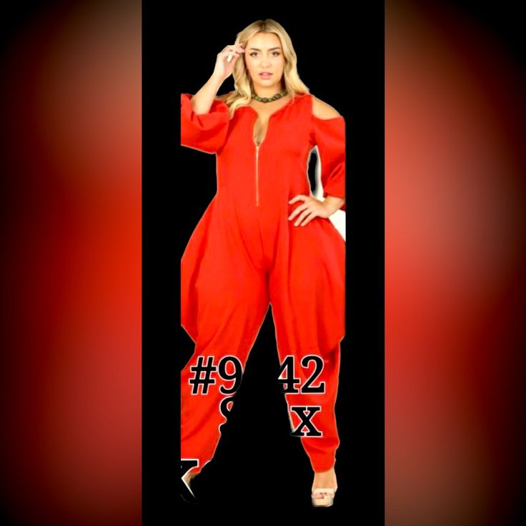 Red Cold Shoulder Jumpsuit Zipper Front And Side Pockets Red V-neck Jumpsuit For Fall, Red Stretch Jumpsuits And Rompers For Fall, Casual Red Party Sets, Red Long Sleeve Jumpsuits And Rompers For Loungewear, Casual Red Long Sleeve Jumpsuits And Rompers, Red V-neck Jumpsuits And Rompers For Loungewear, Red Long Sleeve Jumpsuit For Loungewear, Casual Red Long Sleeve Jumpsuit, Red Overall Jumpsuit For Fall