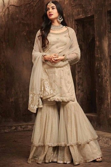 Beige Net Embroidered Sharara Suit - LSTV0784 Sarara Dress, Gharara Designs, Orang India, डिजाइनर कपड़े, Sharara Designs, Gaun Fashion, Salwar Kamiz, Kurti Designs Party Wear, Indian Gowns