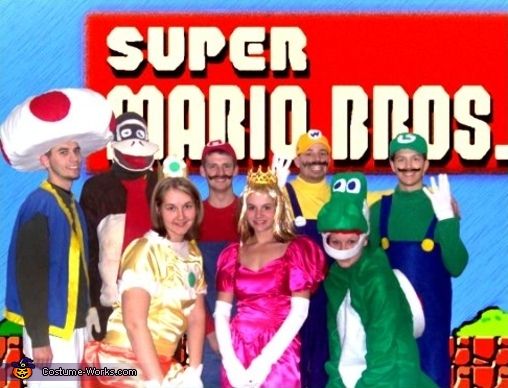 a group of people dressed up in mario bros costumes for a costume party with the words super mario bros on it