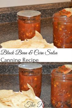 three jars of black bean and corn salsa with tortilla chips on the side