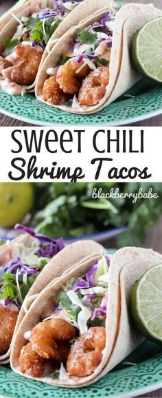 three shrimp tacos on a plate with lime wedges