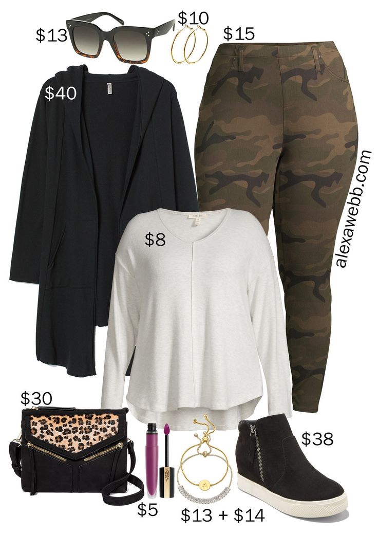 Plus Size on a Budget Outfit with Camo Pants, a Sweatshirt Hooded Cardigan, Wedge Sneakers, and a Leopard Crossbody Bag - Alexa Webb #plussize #alexawebb Outfit With Camo Pants, Plus Size On A Budget, Wedge Sneakers Outfit, Skater Girl Style, Alexa Webb, Plus Zise, Budget Outfits, Yoga Iyengar, Outfits With Converse