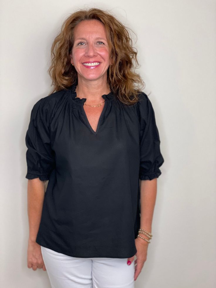 Go from picnic to date night in this fun casual chic top. One size fits most! Fits up to a 12. Boxy fit. Loose stretchy sleeve. Longer in back. 65% Cotton 35% Linen. Machine wash cold, gentle cycle. Design detail on sides. Cathleen is 5'4" and normally wears size 4 or a small. Black Short Sleeve Top For Spring Workwear, Casual Stretch Tops For Brunch, Chic Stretch Tops For Day Out, Chic Solid Color Tops With Relaxed Fit, Chic Short Sleeve Tops For Brunch, Versatile Stretch Tops For Brunch, Trendy Fitted Top For Brunch, Solid Stretch Tops For A Day Out, Fitted Tops With 3/4 Sleeves For Day Out