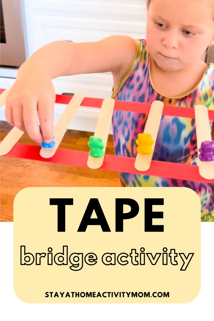 We created this fun STEM activity years ago and have loved seeing it in thousands of homes across the world. Using just painters tape, craft sticks, and little bear counters (or something similar) is all you need to create this fun activity for preschoolers and elementary school children. Click to see the activity in action by Stay at Home Activity Mom! Building Science Preschool, Ramps Activities For Preschool, Steam Building Activities, Height Activities For Preschool, Steam Activity For Preschool, Tools Preschool Activities, Stem Ideas For Preschoolers, Stem Crafts Preschool, Popsicle Stick Stem Activities