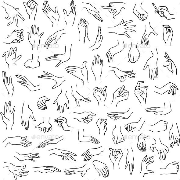 many hands drawn in black and white