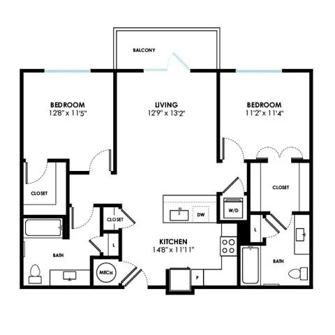 an apartment floor plan with one bedroom and two bathrooms