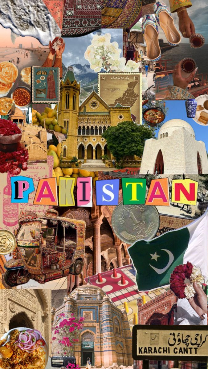 the collage has many different pictures and words on it, including an advertisement for pakistan