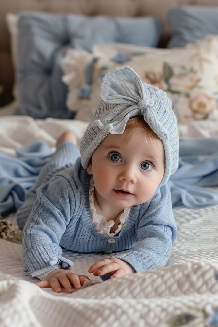 a baby laying on top of a bed wearing a blue outfit