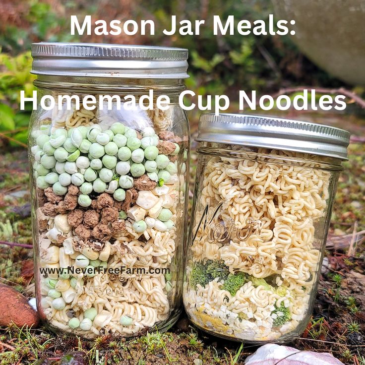 two mason jars filled with homemade cup noodles and green beans are sitting on the ground