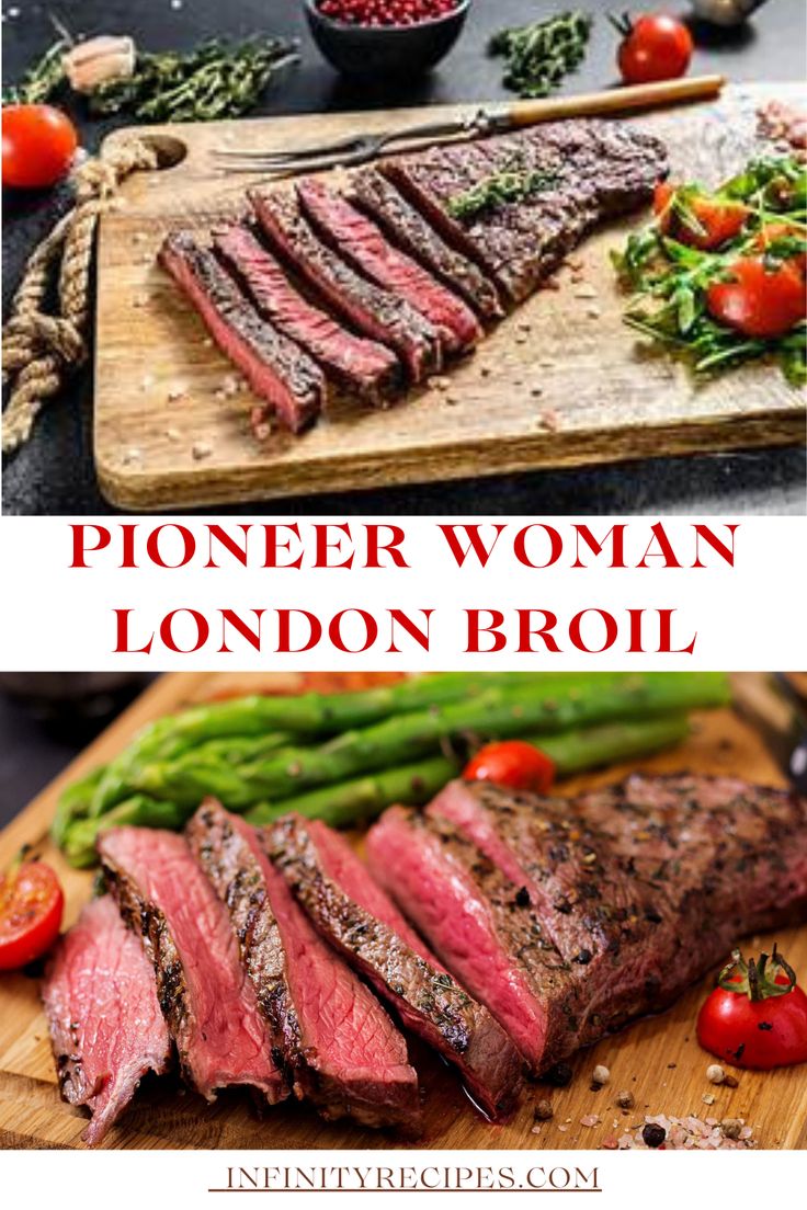 two pictures showing different types of steaks and asparagus on a cutting board