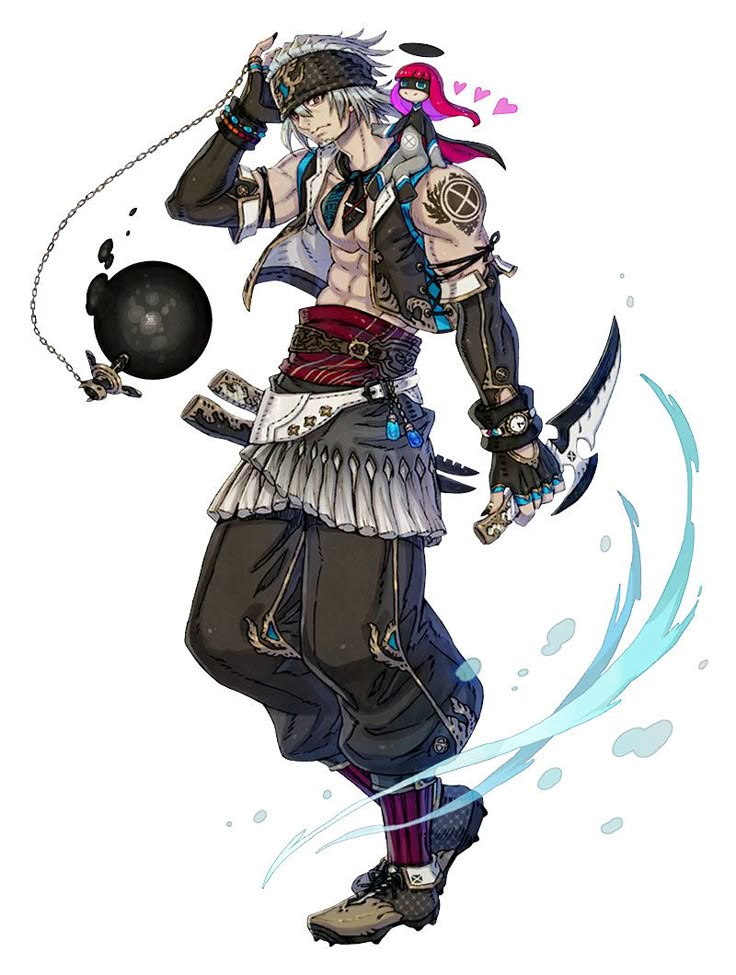 an anime character holding two swords and a ball