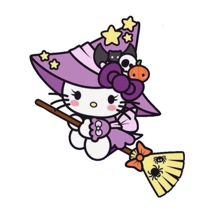 an image of a hello kitty with a broom and witch hat on it's head