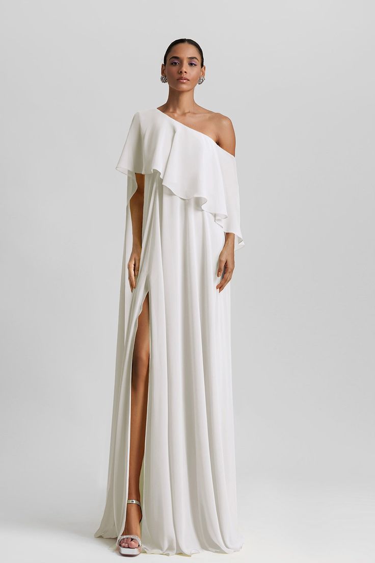 One shoulder crepe georgette dress – HerTrove Marchesa Couture, Mermaid Top, Dress Cape, Midi Dress Style, Dream Dresses, Georgette Dress, Long Midi Dress, Cape Dress, Lebanon