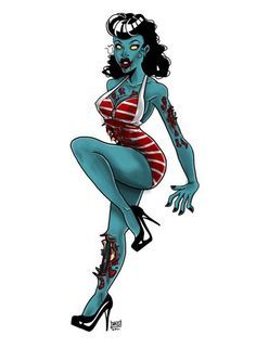 a drawing of a woman with blue skin and red stripes on her body, wearing high heels