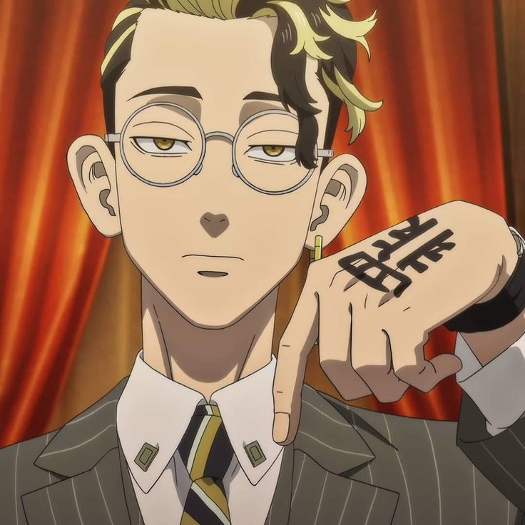 an anime character with glasses and a tie holding his hand up to his ear while looking at the camera