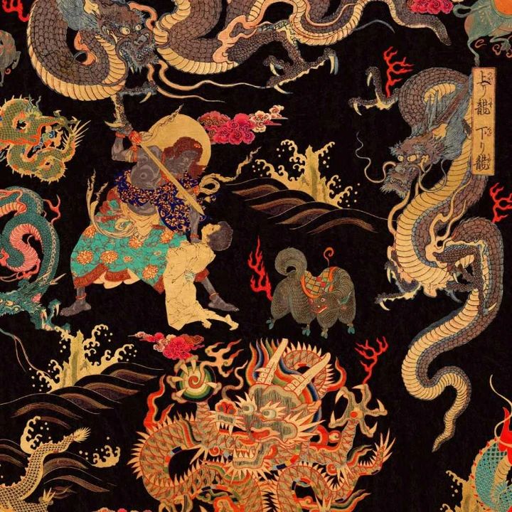 Bring some opulent Oriental drama to your walls with the striking Dragons of Tibet Wallpaper! This stunning Asian style wallpaper depicts several hand coloured dragons and monsters inspired by the famous Tibetan murals and tapestries. This intricate design is printed over 3 rolls to maximise the pattern repetition. Tibet Wallpaper, Mind The Gap, The Wallpaper, Burke Decor, Textured Wallpaper, Traditional Wallpaper, Wallpaper Roll, Of Wallpaper, The Gap