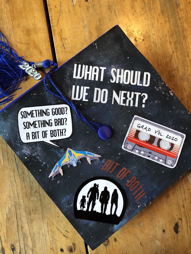 a graduation cap with stickers on it that says what should we do next?