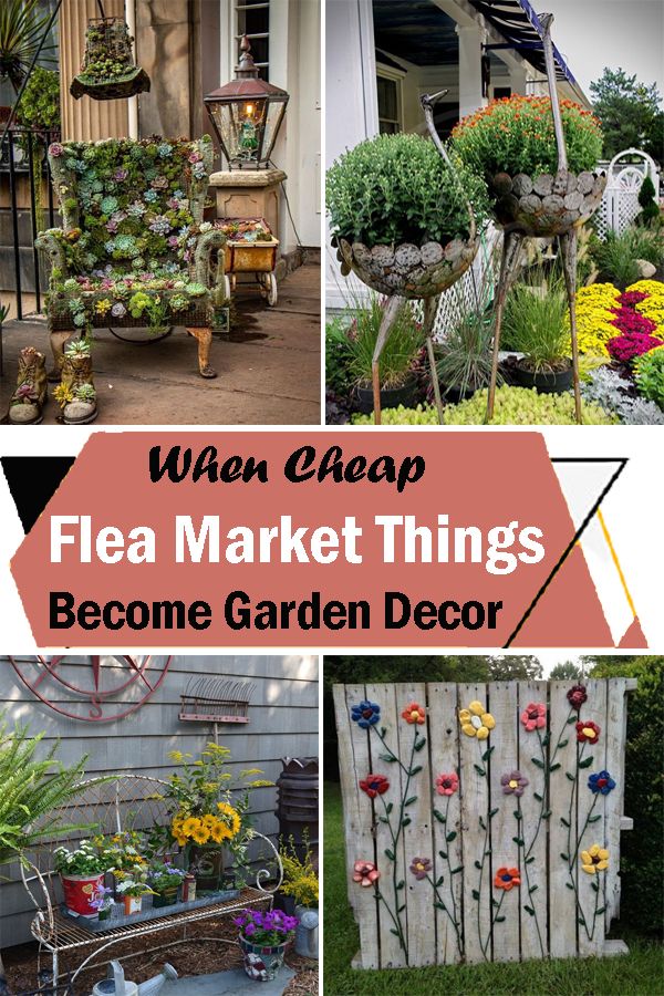 many different types of flower pots and plants in front of a house with text overlay that reads, when cheap flea market things become garden decor