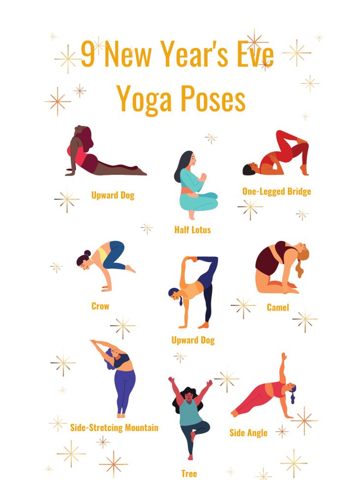 a poster with yoga poses for the new year's eve yoga pose positions on it